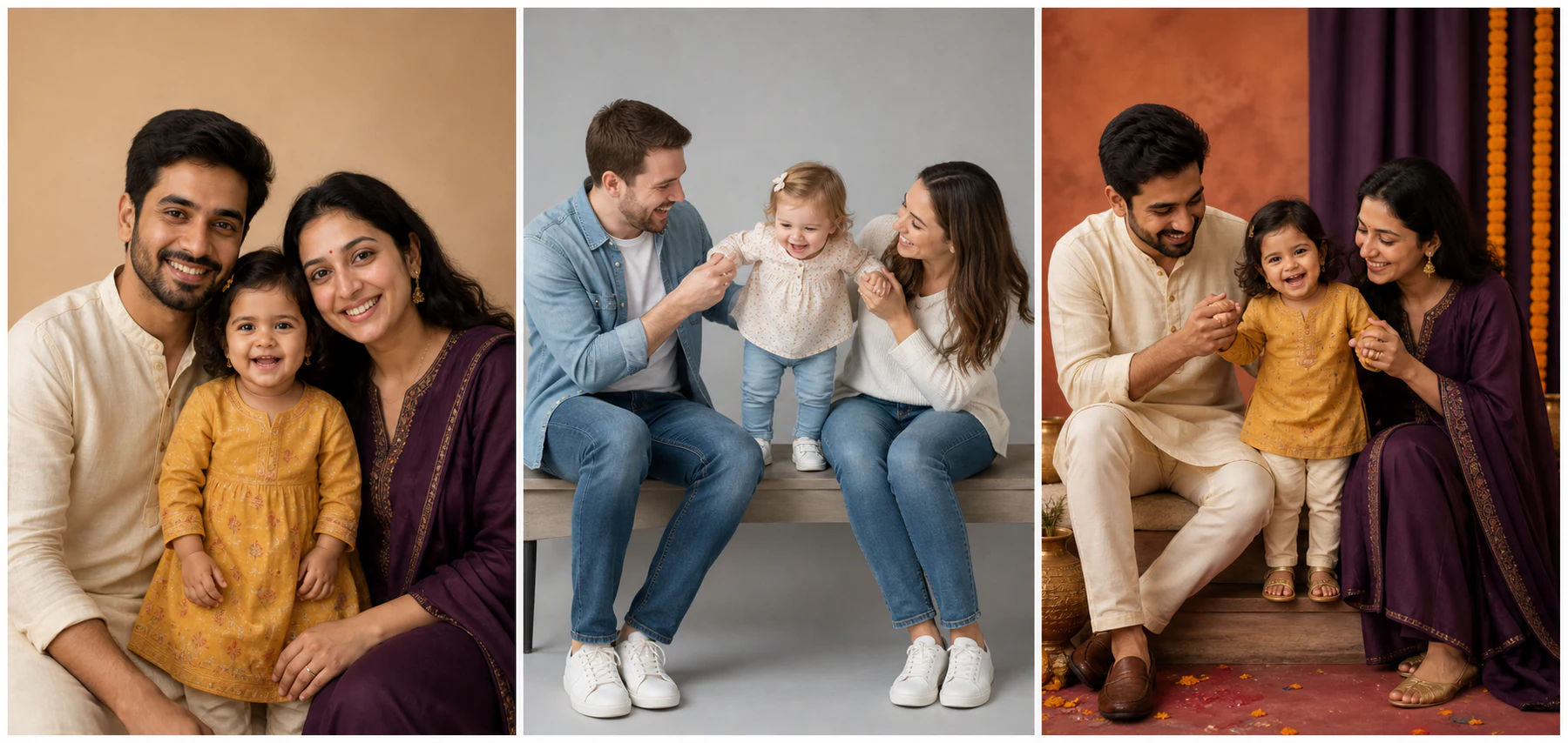 An Indian family identity reference, an American family pose reference, and the Indian family transformed into that pose